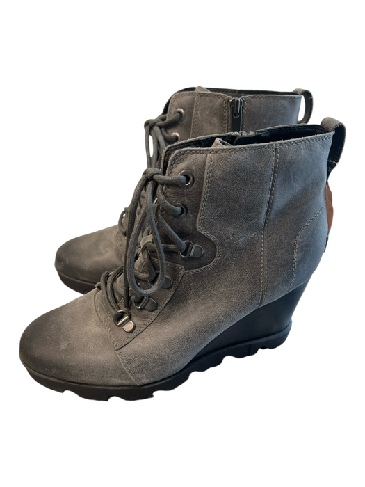 Sorel Shoe Size 9 Gray Leather Waterproof Laces Side Zip Wedge Booties Gray / 9