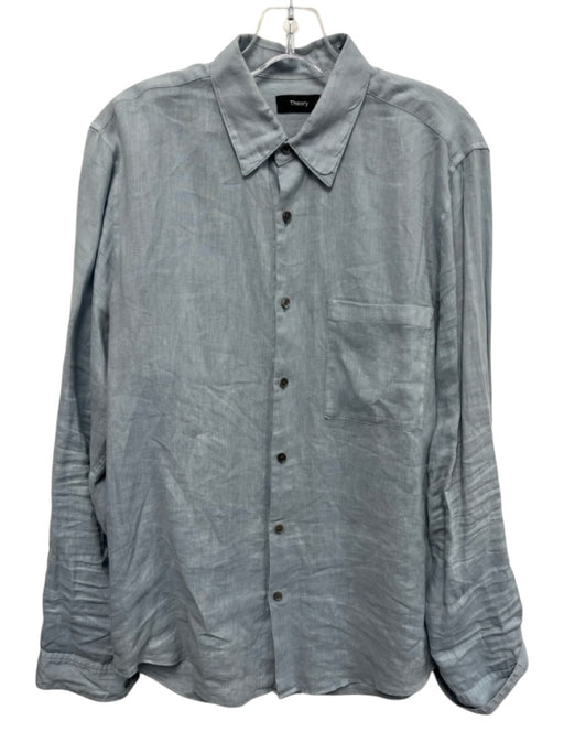 Theory Size S Blue Linen Solid Button Up Men's Long Sleeve Shirt Blue / S