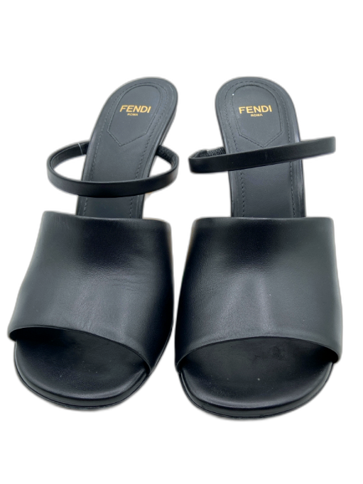 Fendi Shoe Size 38 Black & Gold Calfskin Leather Peep Toe F logo Mule Sandals Black & Gold / 38