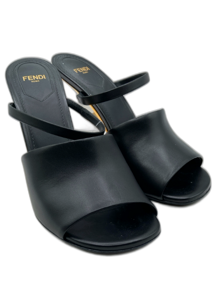 Fendi Shoe Size 38 Black & Gold Calfskin Leather Peep Toe F logo Mule Sandals Black & Gold / 38