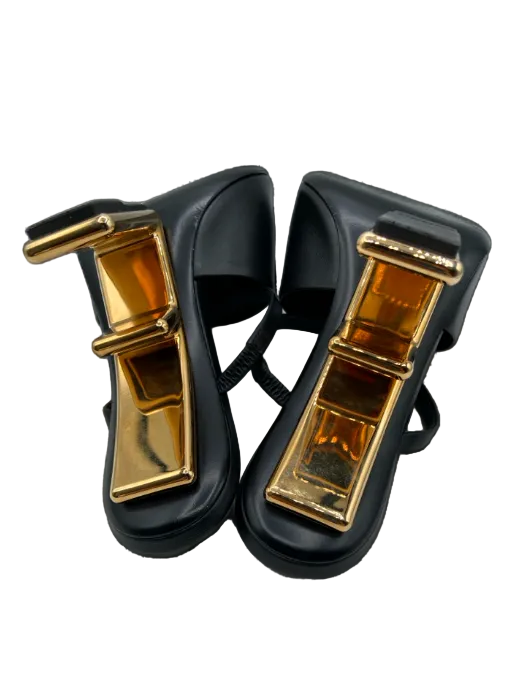 Fendi Shoe Size 38 Black & Gold Calfskin Leather Peep Toe F logo Mule Sandals Black & Gold / 38