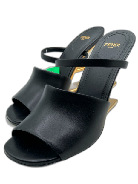 Fendi Shoe Size 38 Black & Gold Calfskin Leather Peep Toe F logo Mule Sandals Black & Gold / 38