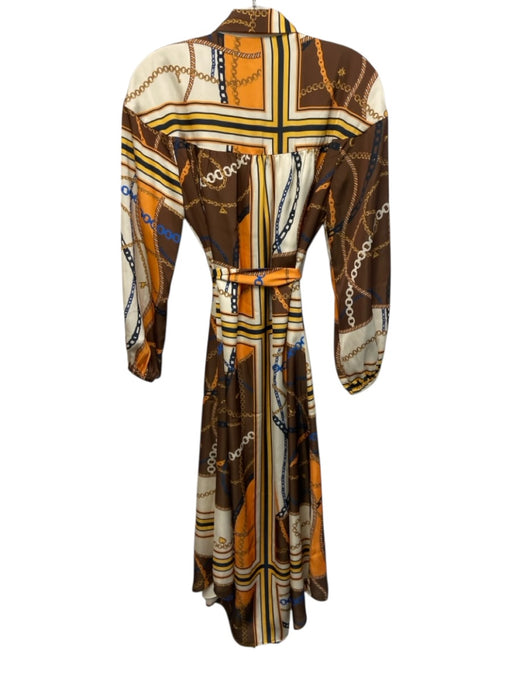 Alden Adair Size S Brown, Cream, Orange Polyester Satin Chain Button Down Dress Brown, Cream, Orange / S