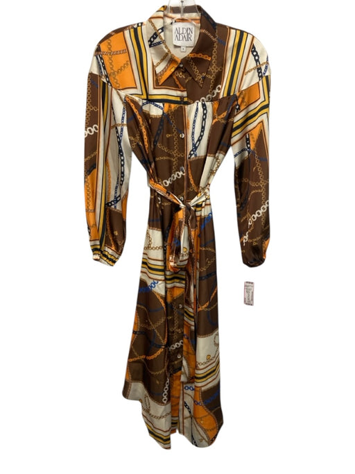Alden Adair Size S Brown, Cream, Orange Polyester Satin Chain Button Down Dress Brown, Cream, Orange / S