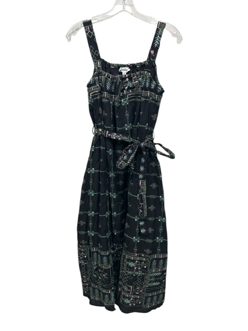 &merci Size XS Black, Green, Multi Cotton Embroidered Elastic Neck Paneled Dress Black, Green, Multi / XS