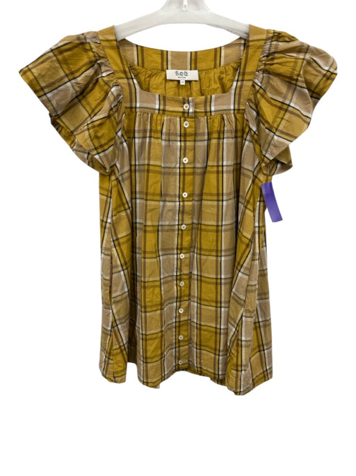 Sea New York Size XS Yellow, White, Brown Cotton Cap Sleeve Plaid Dress Yellow, White, Brown / XS