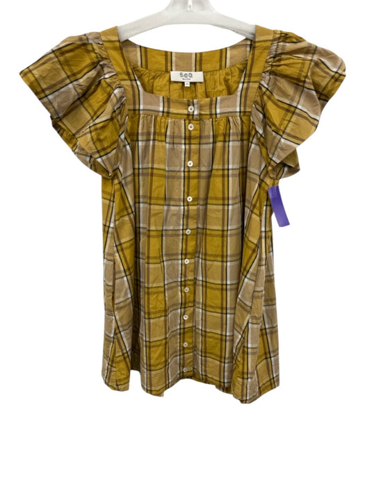 Sea New York Size XS Yellow, White, Brown Cotton Cap Sleeve Plaid Dress Yellow, White, Brown / XS