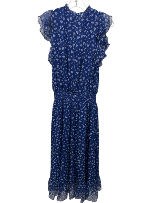Shoshanna Size 2 Blue & White Silk Cap Ruffle Sleeve Floral Smocked Waist Dress Blue & White / 2