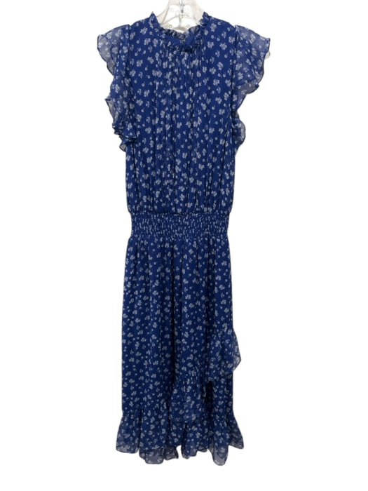Shoshanna Size 2 Blue & White Silk Cap Ruffle Sleeve Floral Smocked Waist Dress Blue & White / 2