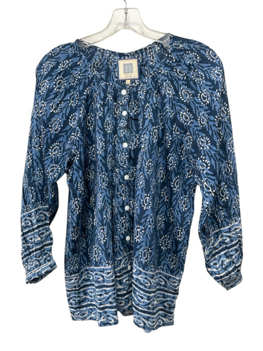 Alicia Bell Size Medium Blue & White Cotton & Silk Long Sleeve Block Print Top Blue & White / Medium