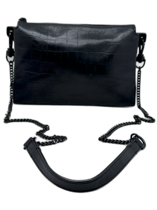 All Saints Black Leather Croc Detail Crossbody Zip closure Bag Black