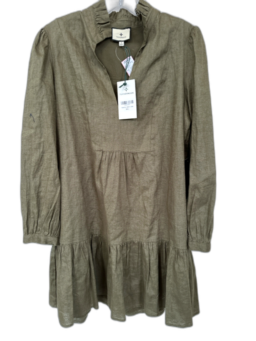 Tuckernuck Size S Olive Green Linen Long Balloon Sleeve Ruffle Collar Dress Olive Green / S
