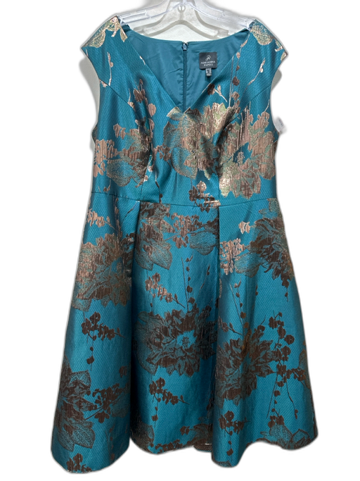 Adrianna Papell Size 16 Teal Green & Bronze Polyester & Metallic V Neck Dress Teal Green & Bronze / 16