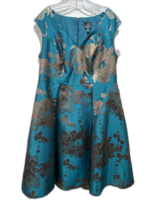 Adrianna Papell Size 16 Teal Green & Bronze Polyester & Metallic V Neck Dress Teal Green & Bronze / 16