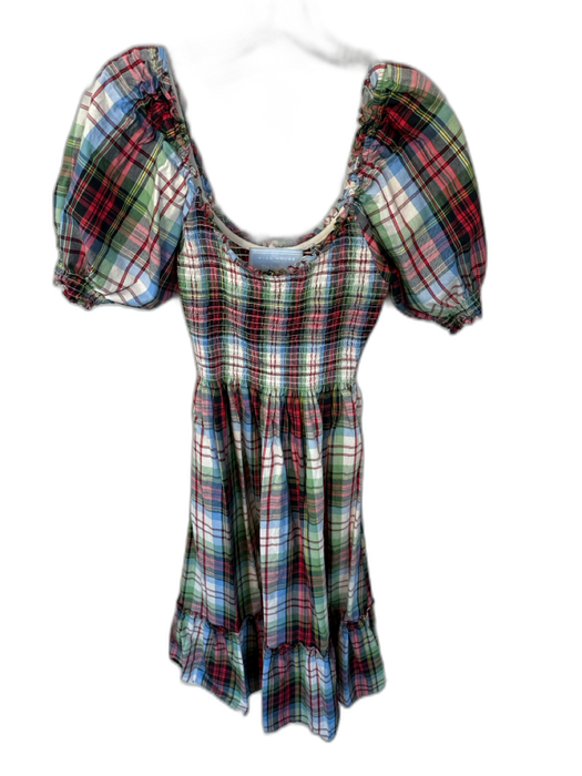 Hill House Size S Green & Blue Cotton Short Balloon Sleeve Plaid Smocked Dress Green & Blue / S