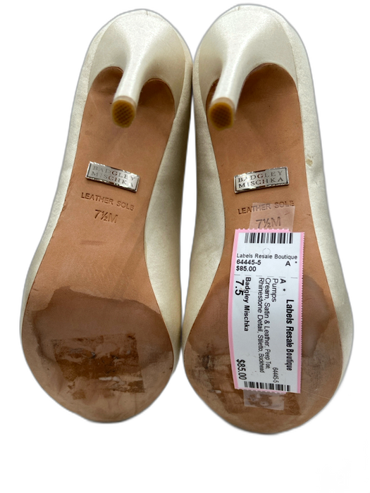 Badgley Mischka Shoe Size 7.5 Cream Satin & Leather Peep Toe Stiletto Pumps Cream / 7.5