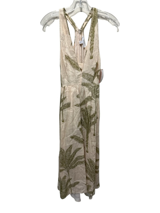 Reiss Size 2 Beige & Green Linen Sleeveless Palm Tree Midi Dress Beige & Green / 2