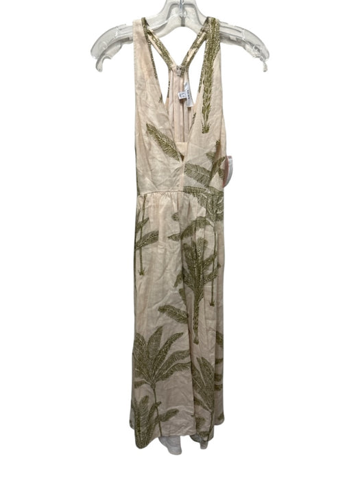 Reiss Size 2 Beige & Green Linen Sleeveless Palm Tree Midi Dress Beige & Green / 2