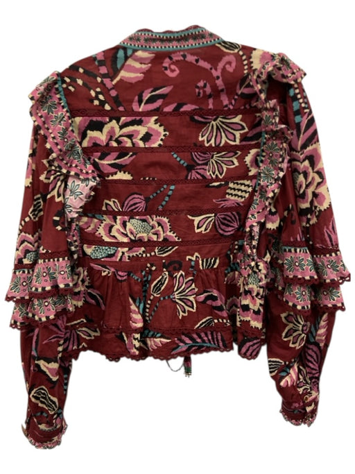 Farm Rio Size Medium Pink, Blue, Burgundy Cotton Long Sleeve Floral Ruffles Top Pink, Blue, Burgundy / Medium