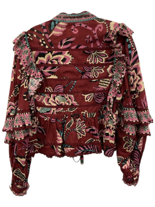 Farm Rio Size Medium Pink, Blue, Burgundy Cotton Long Sleeve Floral Ruffles Top Pink, Blue, Burgundy / Medium