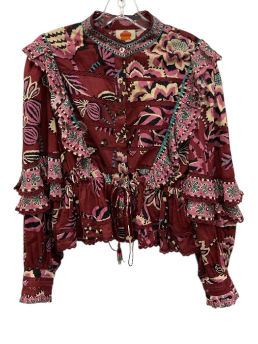 Farm Rio Size Medium Pink, Blue, Burgundy Cotton Long Sleeve Floral Ruffles Top Pink, Blue, Burgundy / Medium