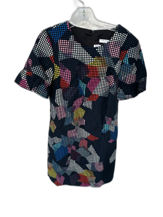 Trina Turk Size 6 Black & Multi Cotton Short Sleeve Checkered Back Zip Dress Black & Multi / 6