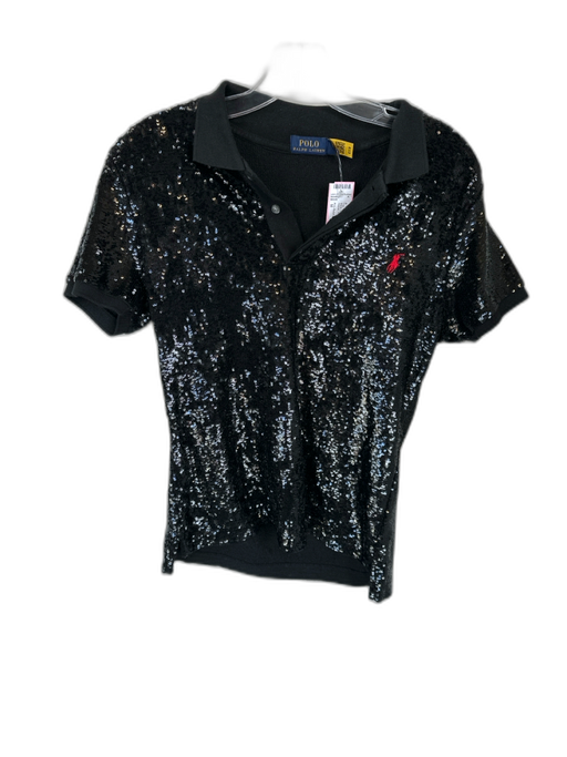 Polo Ralph Lauren Size M Black Cotton Sequins Collar Short Sleeve Polo Top Black / M