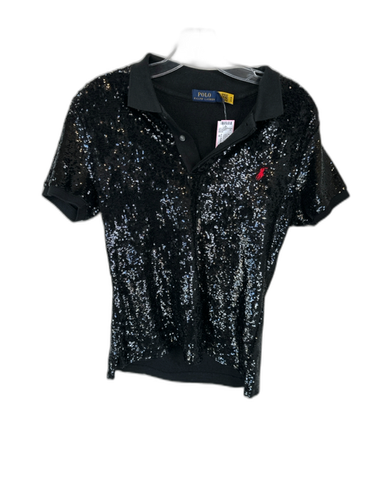 Polo Ralph Lauren Size M Black Cotton Sequins Collar Short Sleeve Polo Top Black / M