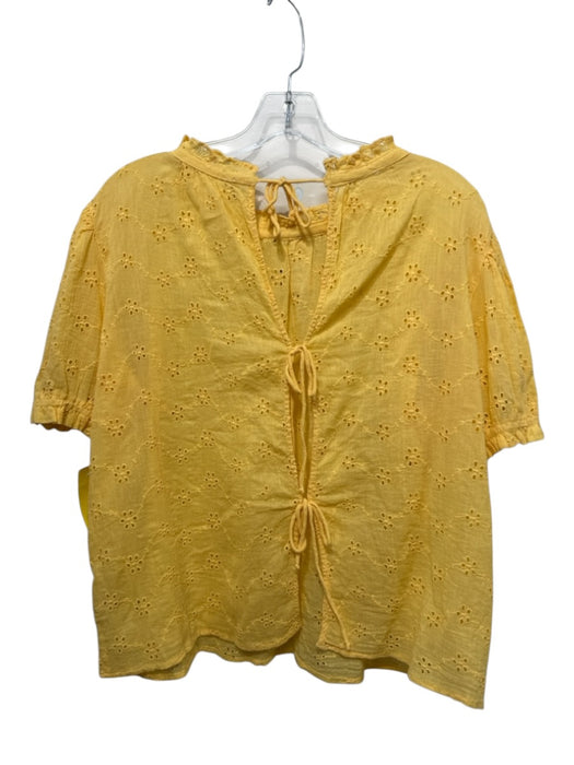 Free People Size Medium Yellow Cotton Short Puff Sleeve Floral Eyelet Top Yellow / Medium