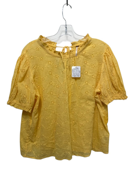 Free People Size Medium Yellow Cotton Short Puff Sleeve Floral Eyelet Top Yellow / Medium
