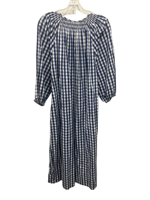 Lake Size Medium Navy & white Cotton Long puff sleeve Gingham V Neck Dress Navy & white / Medium