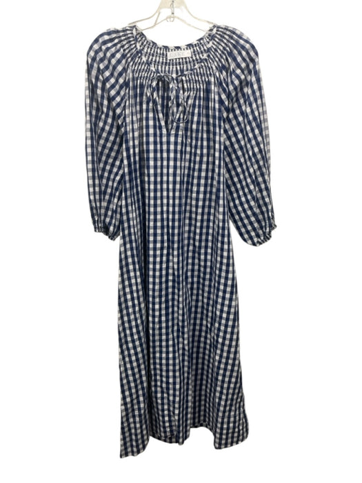 Lake Size Medium Navy & white Cotton Long puff sleeve Gingham V Neck Dress Navy & white / Medium