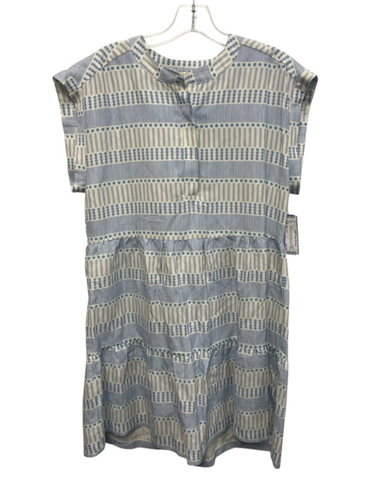 Marie Oliver Size M Blue & White Silk & Linen Mock Neck Half Button Down Dress Blue & White / M
