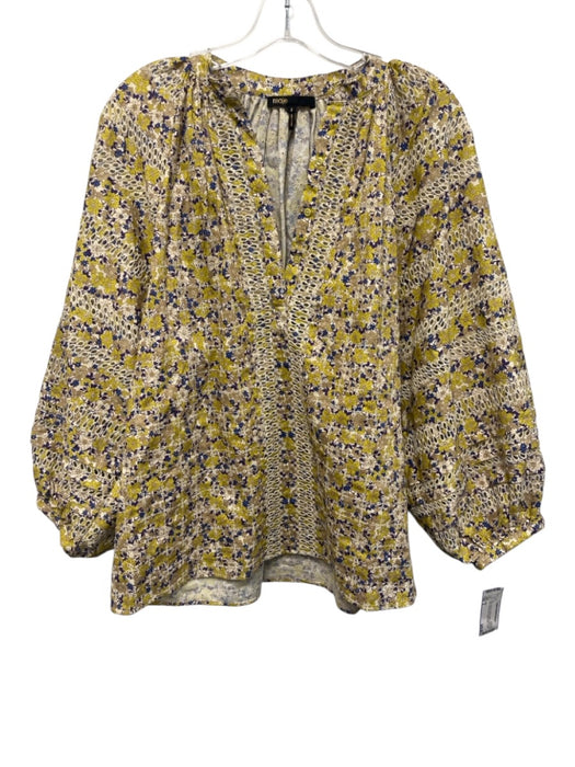 Maje Size 2 Yellow, Blue & Purple Cotton Half Button Down Mock Neck Top Yellow, Blue & Purple / 2