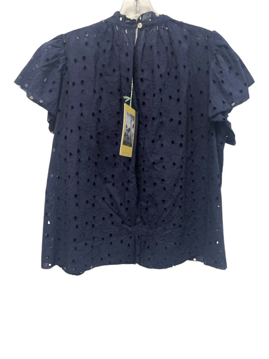 Birds of Paradis Size M Navy Cotton Ruffle Neck Short Flare Sleeve Top Navy / M
