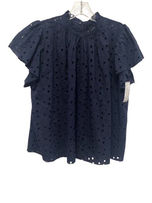 Birds of Paradis Size M Navy Cotton Ruffle Neck Short Flare Sleeve Top Navy / M