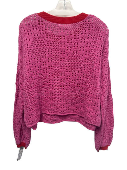 Free People Size S Red & Pink Cotton Crew Neck Knit Long Sleeve Sweater Red & Pink / S