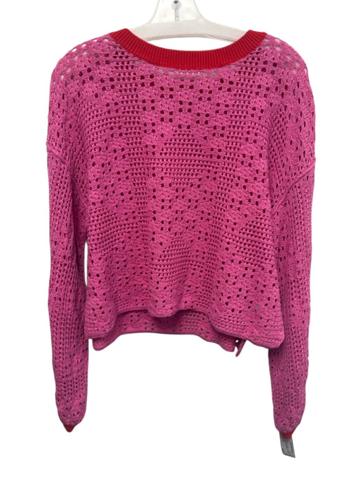 Free People Size S Red & Pink Cotton Crew Neck Knit Long Sleeve Sweater Red & Pink / S