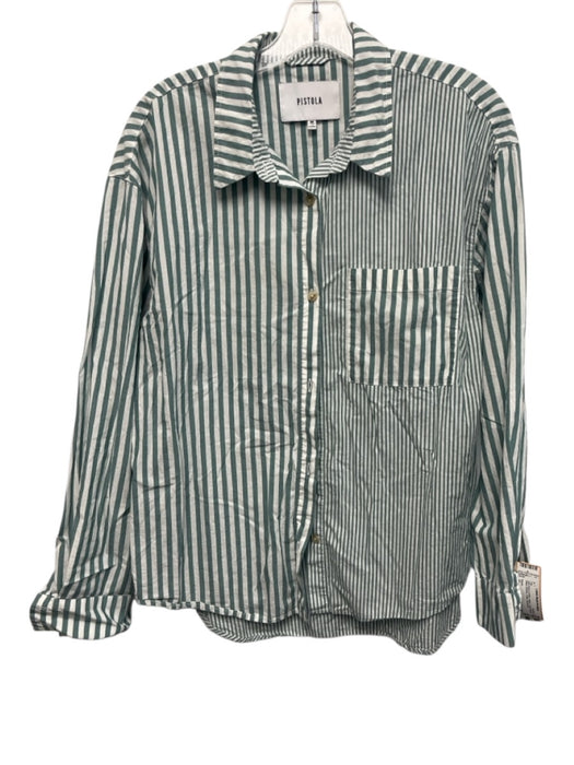 Pistola Size M Sea Green & white Cotton Long Sleeve Stripe Buttons Collar Top Sea Green & white / M