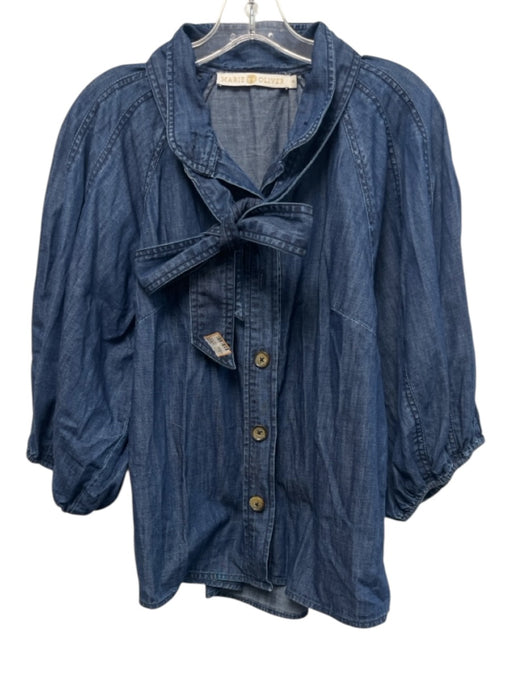 Marie Oliver Size M Medium Wash Cotton Puff 3/4 Sleeve Buttons Neck Tie Top Medium Wash / M
