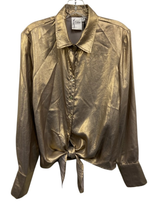 Finley Size M Gold Metallic Long Sleeve Buttons Front Tie Top Gold / M