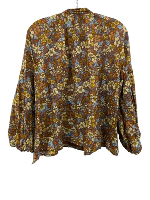 Olivia James Size S Brown, Yellow, Blue Cotton Puff 3/4 Sleeve Floral Print Top Brown, Yellow, Blue / S