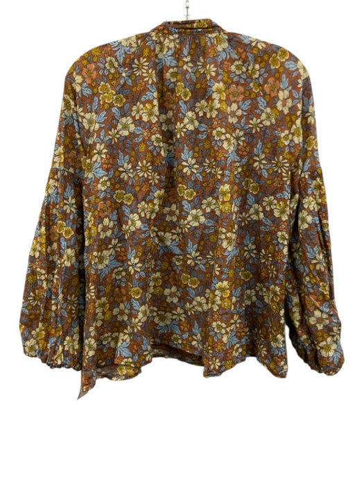 Olivia James Size S Brown, Yellow, Blue Cotton Puff 3/4 Sleeve Floral Print Top Brown, Yellow, Blue / S