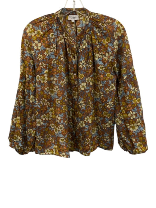 Olivia James Size S Brown, Yellow, Blue Cotton Puff 3/4 Sleeve Floral Print Top Brown, Yellow, Blue / S