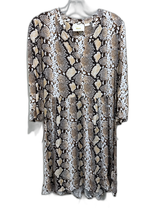 Maeve Size M Brown, White & Yellow Viscose V Neck Snake 3/4 Sleeve Dress Brown, White & Yellow / M