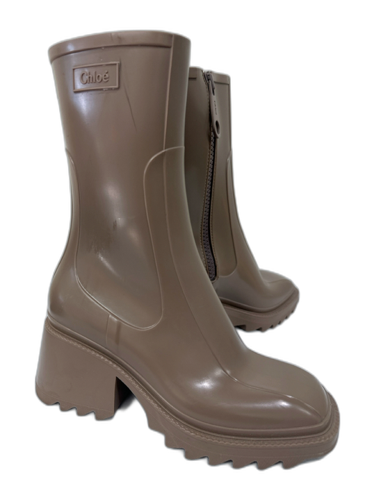 Chloe Shoe Size 38 Taupe Brown Rubber Side Zip Mid Calf Lug Sole Rain Boots Taupe Brown / 38