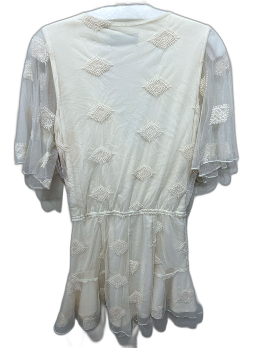 Line & Dot Size Small Cream White Cotton & Nylon Mesh Overlay Deep v neck Romper Cream White / Small