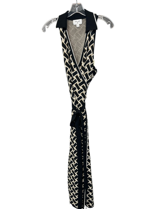 Diane Von Furstenberg Size Large Black, White & Tan Viscose Knit Collared Dress Black, White & Tan / Large