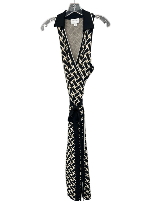 Diane Von Furstenberg Size Large Black, White & Tan Viscose Knit Collared Dress Black, White & Tan / Large