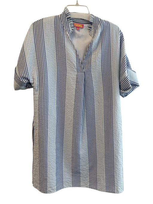 THML Size Large Blue & White Polyester Striped Drop Shoulder Short Sleeve Dress Blue & White / Large